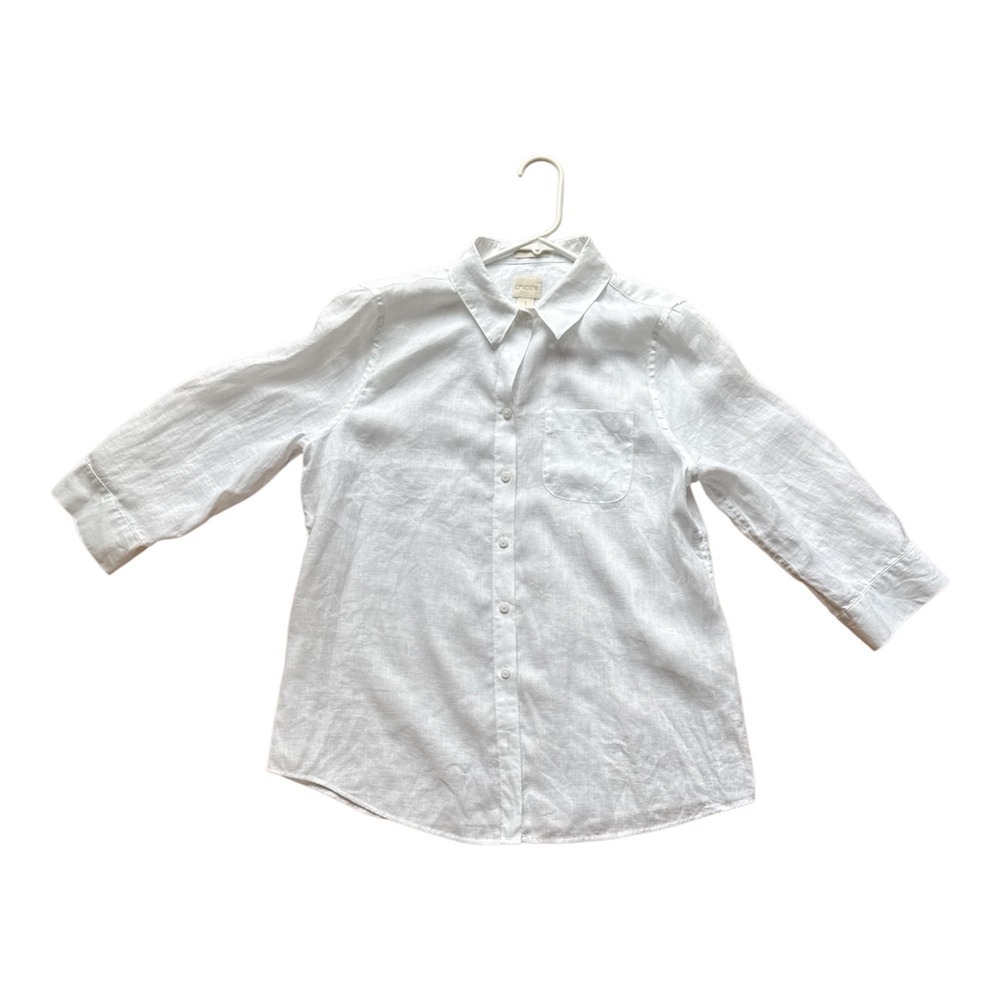 Chicos 100 Linen Button Down Shirt White 3/4 Sleeve Size 1 Medium Classic Top - Picture 2 of 7